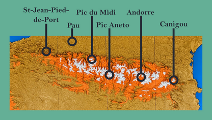 Légende de la carte en 3d relief des Pyrénées avec Saint-jean-Pied-de-Port, la ville de Pau, le Pic du Midi, le Pic Aneto, la principauté d'Andorre et le Canigou