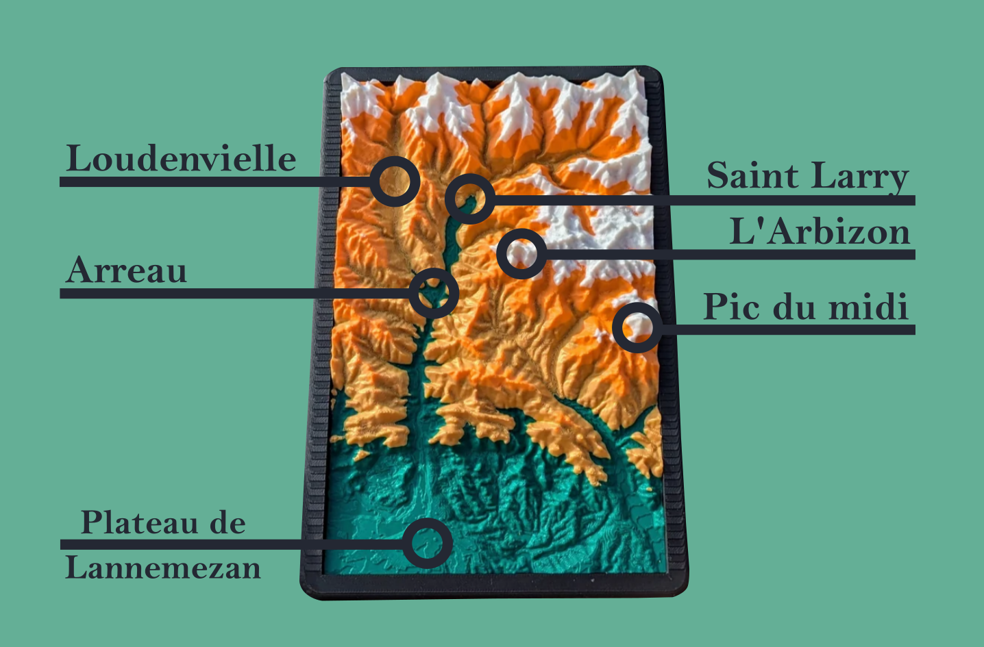 Carte géographique topographique détaillée et précise en relief 3D des vallées d'Aure et du Louron avec lieux emblématique et légende